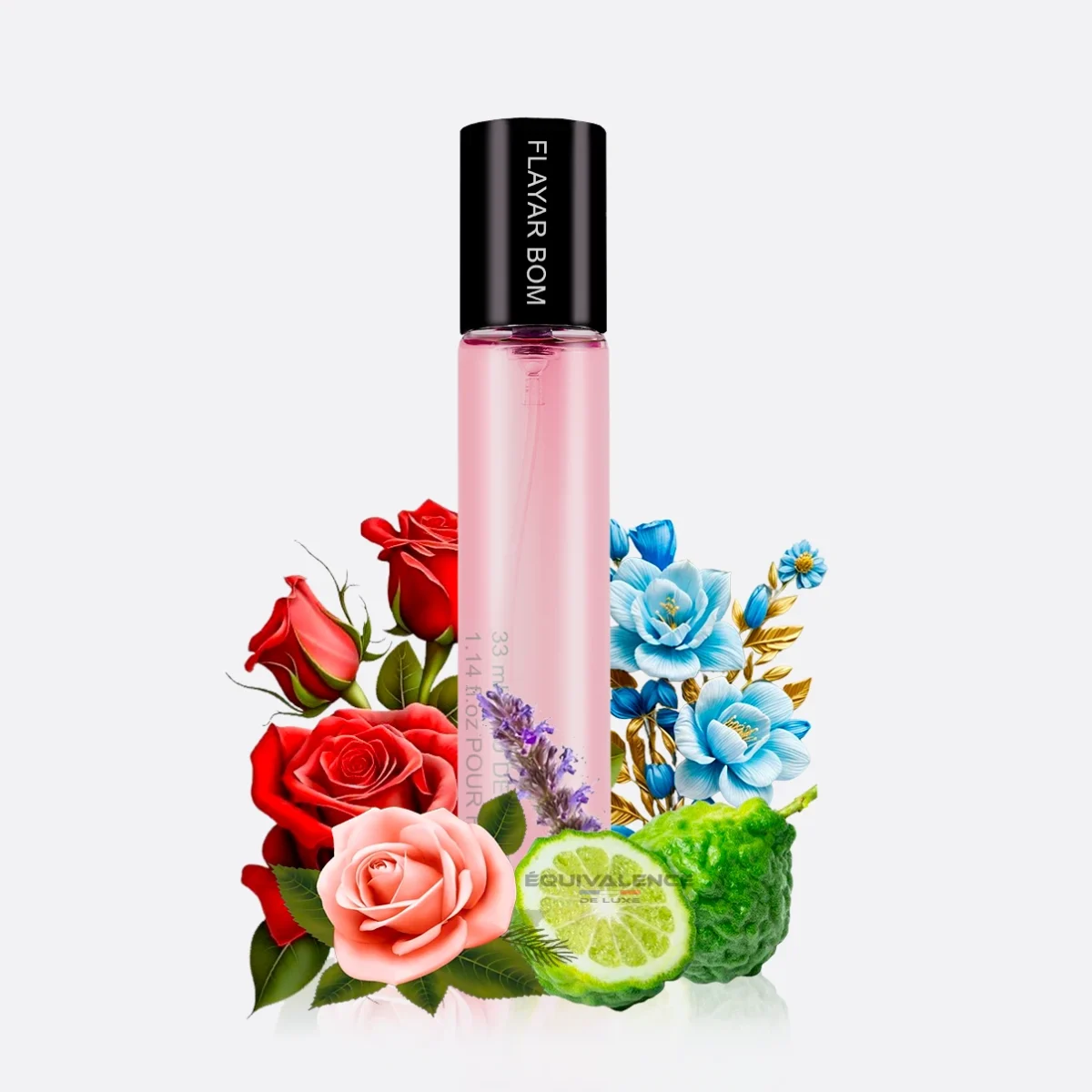 Gros plan sur le flacon Flayar Bom 33ml, un parfum de poche sophistiqué et pratique, évoquant l’élégance florale et audacieuse de Flower Bomb.