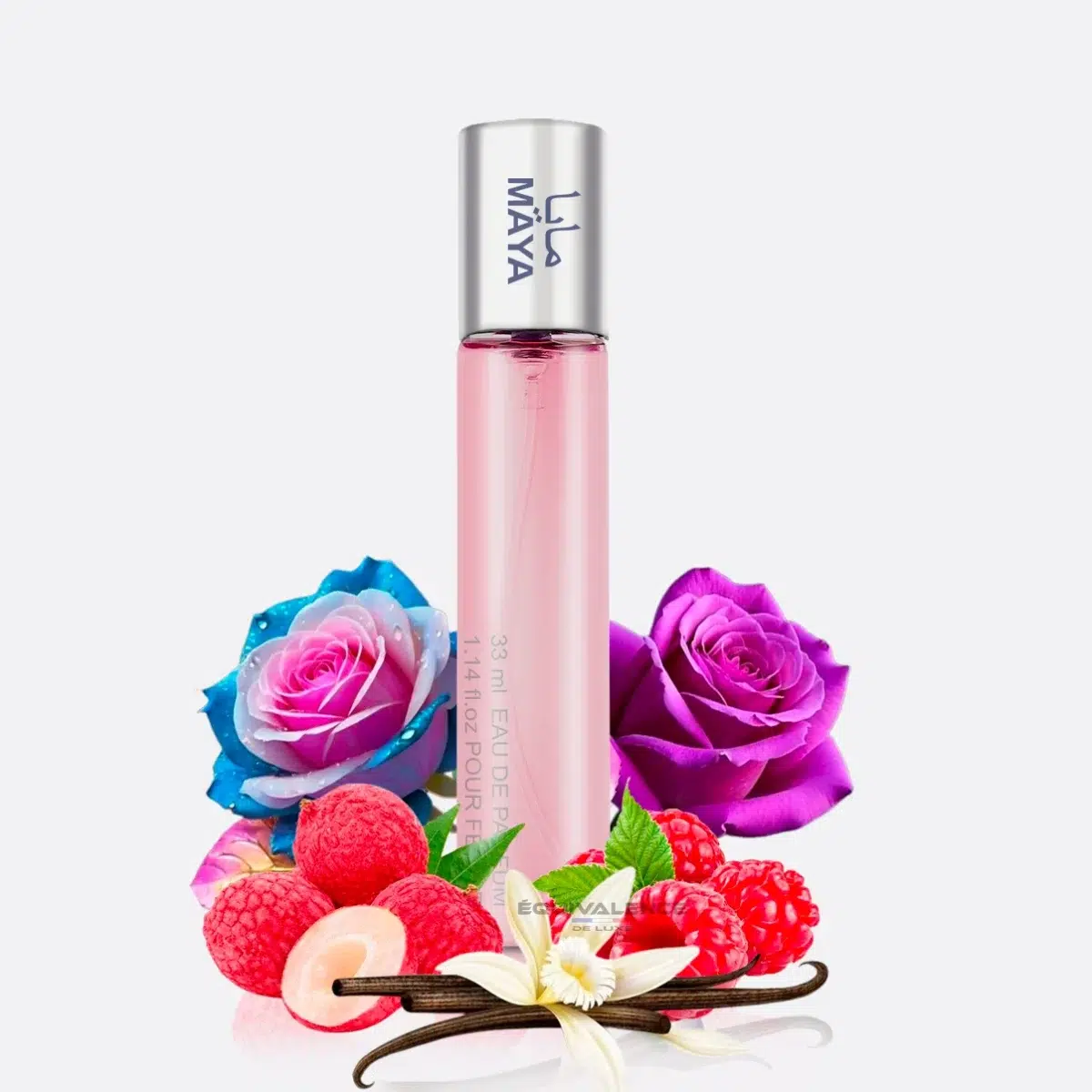 Gros plan sur le flacon Maya 33ml, un parfum de poche sophistiqué, conçu pour capturer l’essence de la sensualité féminine.