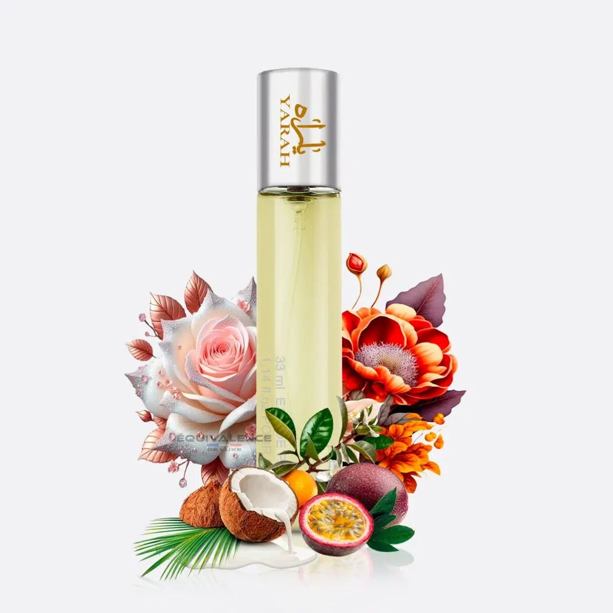 Gros plan sur le flacon Yarah Orange 33ml, un parfum féminin et pratique, capturant des notes d’agrumes et une essence d’évasion tropicale.