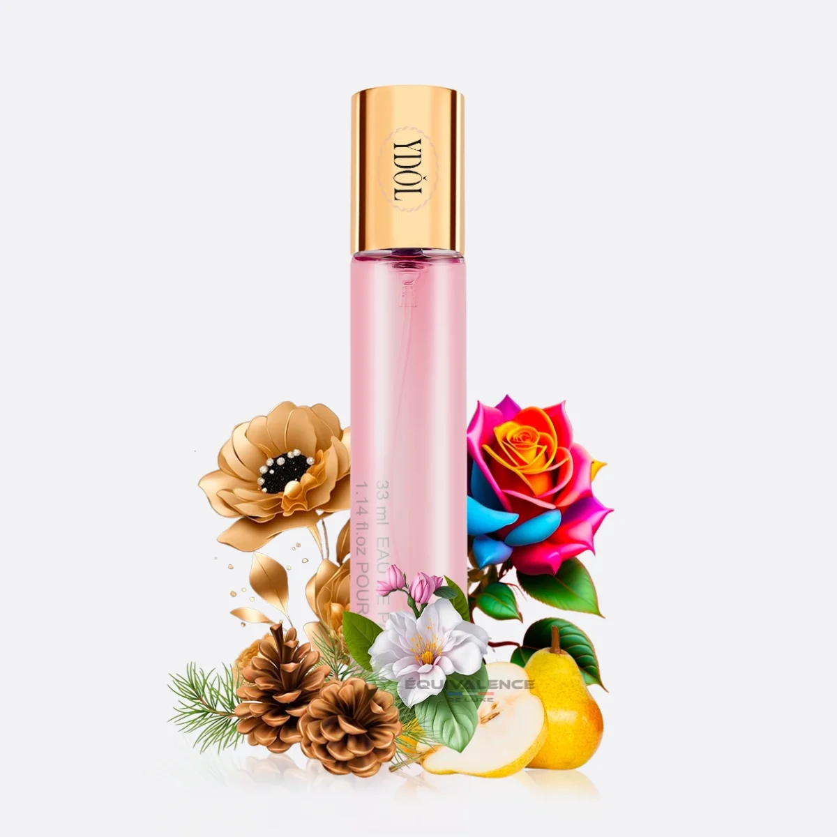 Zoom sur le flacon YDOL 33ml – Compact, pratique, et design épuré pour les femmes modernes.