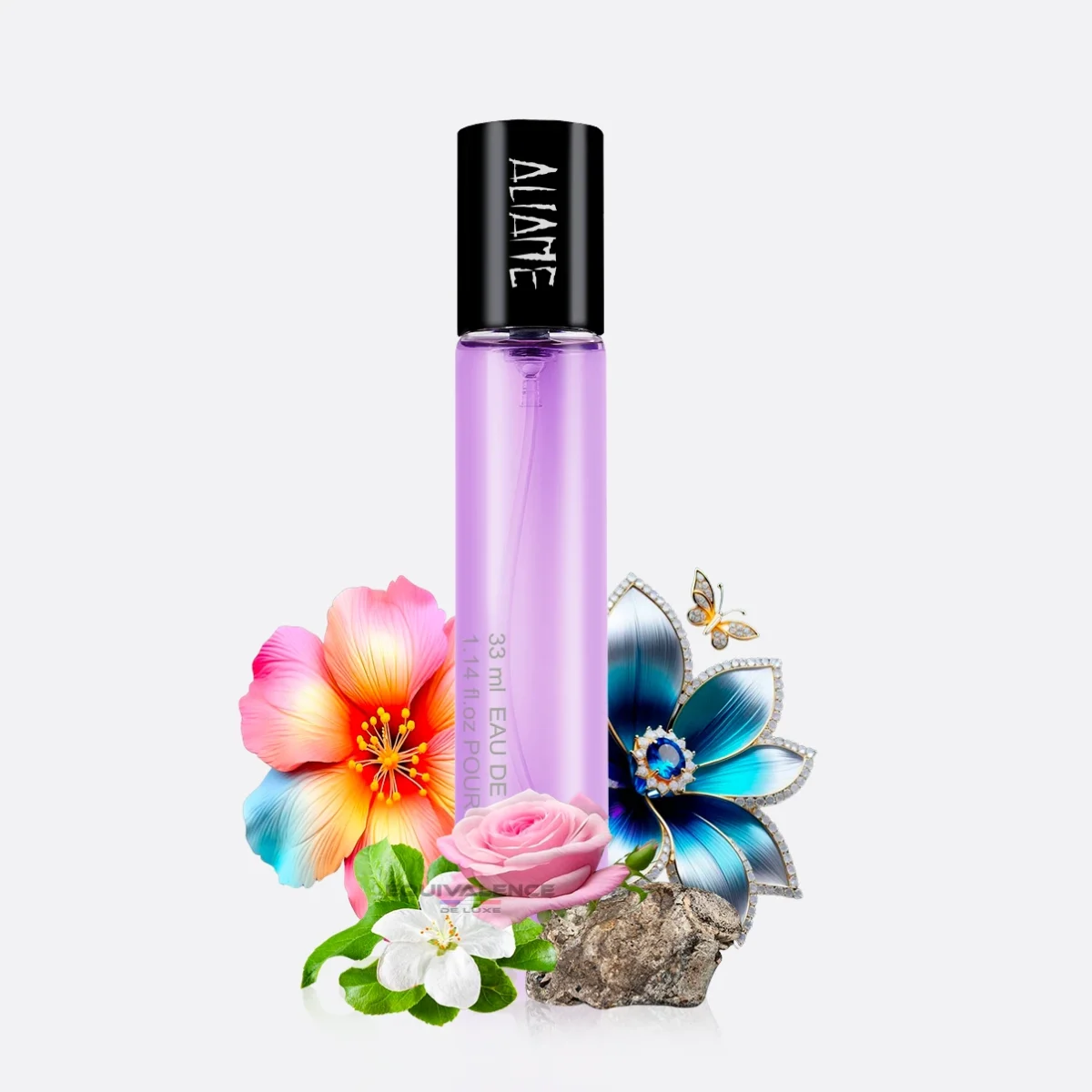 Gros plan sur le flacon Aliame 33ml, un parfum de poche pratique et élégant, conçu pour capturer l’essence intemporelle et séduisante de la féminité.