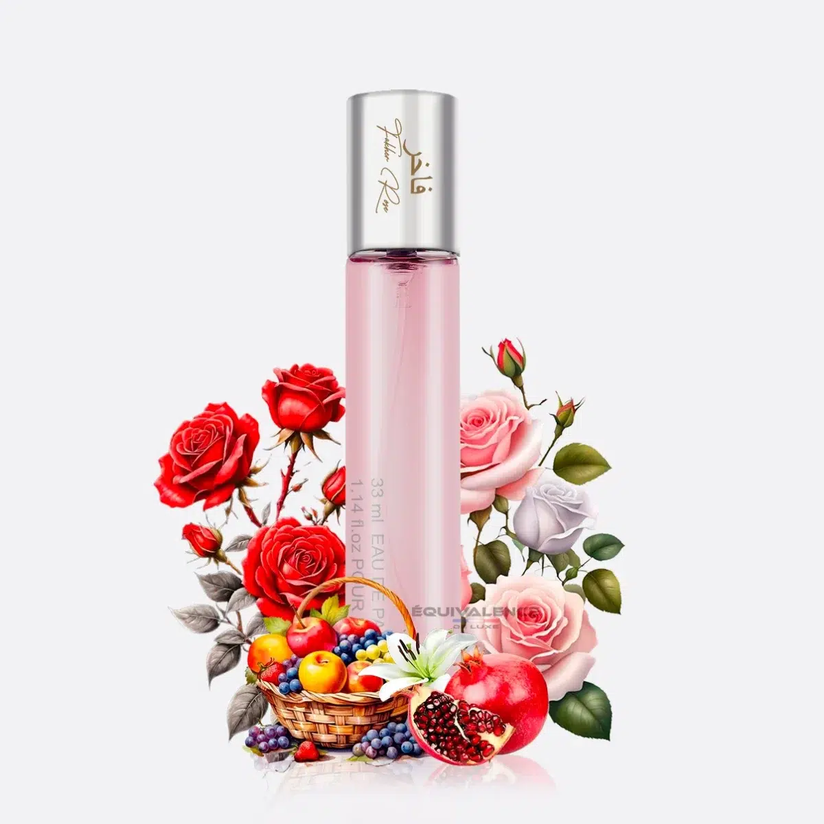 Gros plan sur le flacon Dubai Fakher Rose 33ml, un parfum de poche sophistiqué et pratique, capturant l’essence délicate et luxueuse de la rose orientale.