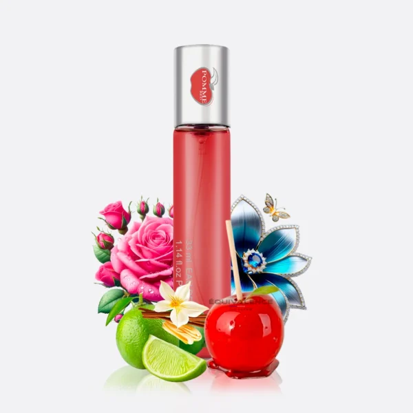 Zoom sur le flacon Pomme Red 33ml – Design raffiné et portable, une fragrance féminine et fruitée similaire à Nina.