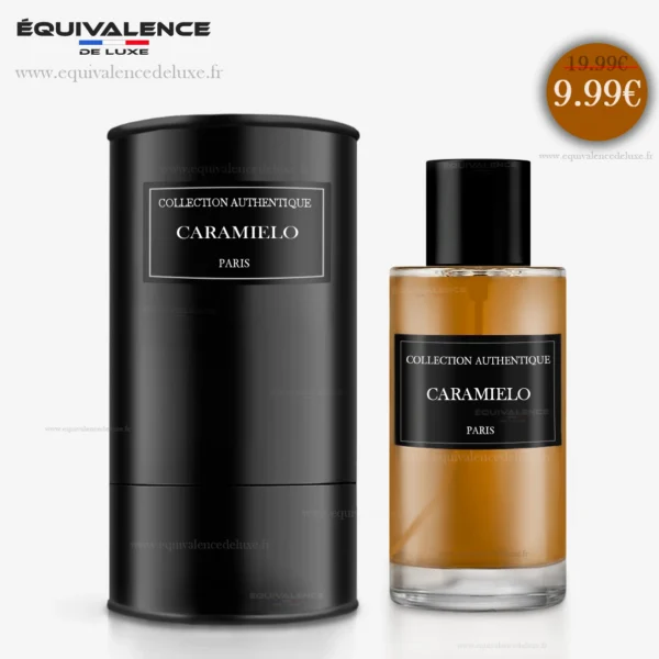 Flacon du Parfum Carameilo Collection Privée Authentique présenté avec sa boîte élégante, un écrin parfait pour une essence douce et irrésistible.