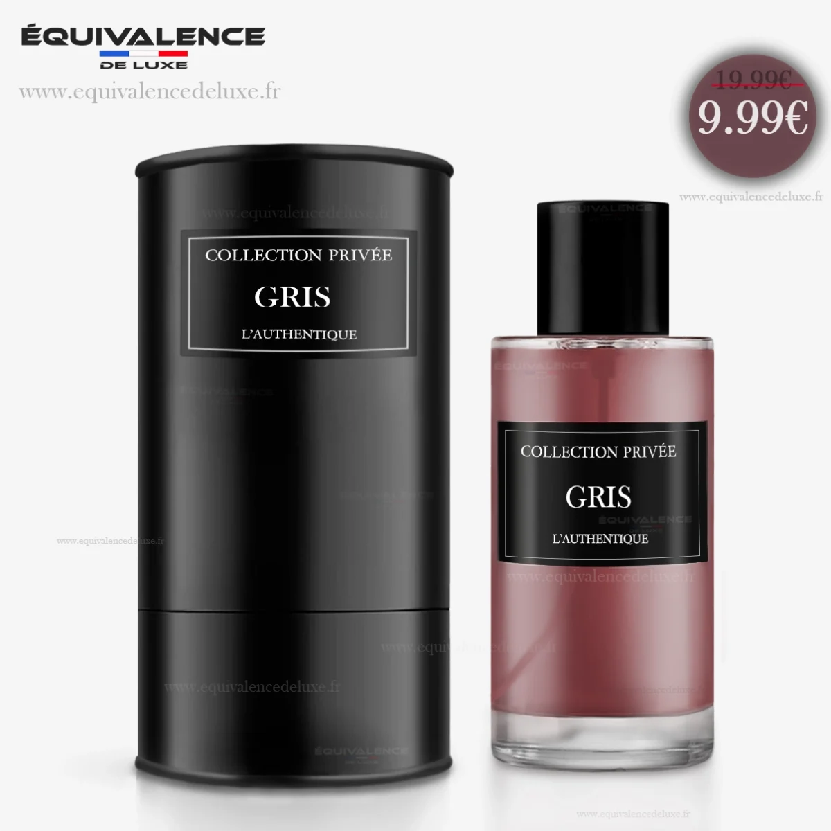 Flacon Gris Parfum Collection Privée 50ml accompagné de sa boîte élégante, incarnant le luxe et l'élégance intemporelle.