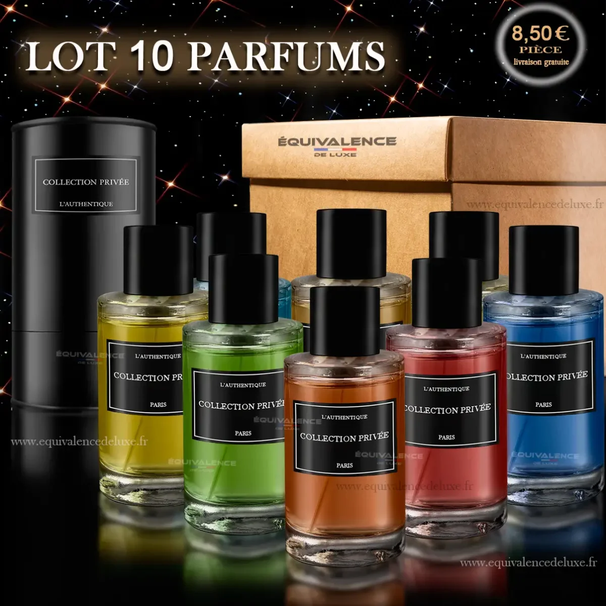 Image d’un lot de parfums Collection Privée, comprenant 10 flacons élégants, un exemple d’emballage raffiné et un carton d’expédition. Parfait pour la revente en gros, les cadeaux personnalisés ou pour démarrer un business à petit prix.