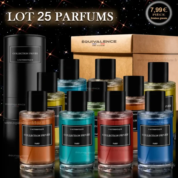 Image d’un coffret personnalisé de 25 parfums Collection Privée, présenté avec des flacons élégants, un emballage raffiné et un carton d’expédition. Parfait pour les amateurs de parfums de luxe, les cadeaux prestigieux ou la revente en lot à prix réduit.