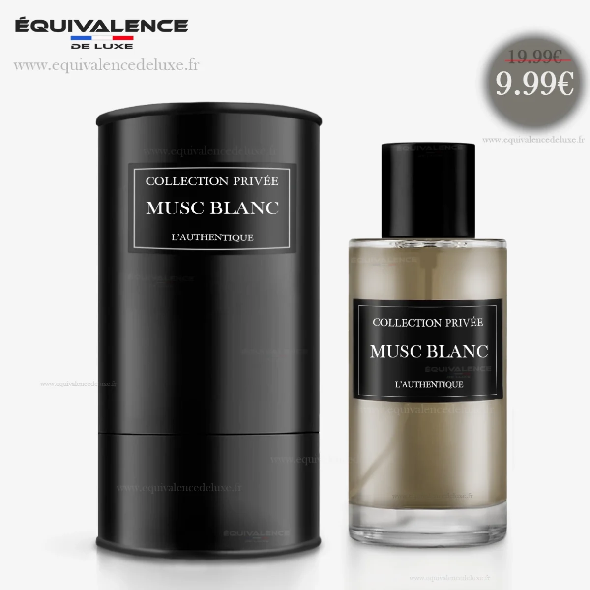 Flacon du Parfum Collection Privée Authentique Musc Blanc accompagné de sa boîte élégante, une alliance parfaite de pureté et de sophistication.