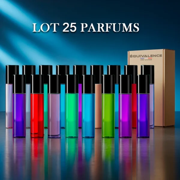 Image d’un lot dès 25 parfums de poche 33ml Équivalence, avec des flacons élégants et un design pratique. Des dupes inspirés des grandes marques, parfaits pour un usage quotidien ou des idées cadeaux.