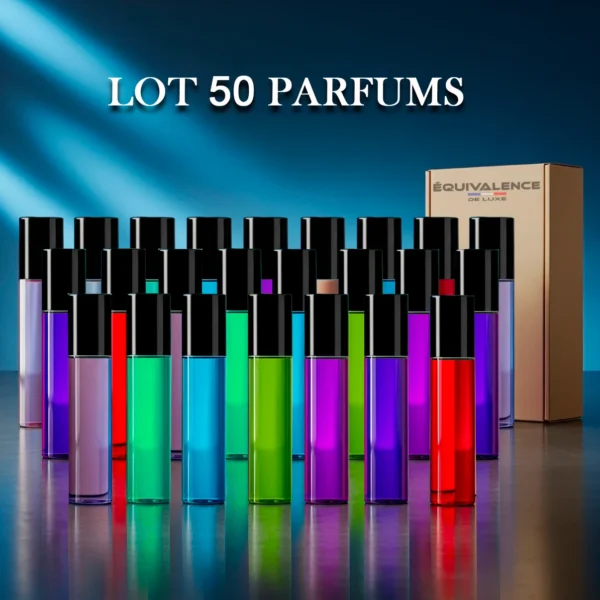 Image d’un lot de 50 parfums de poche 33ml Équivalence, avec des flacons élégants et compacts. Dupes inspirés des grandes marques, parfaits pour la revente ou comme idées cadeaux.