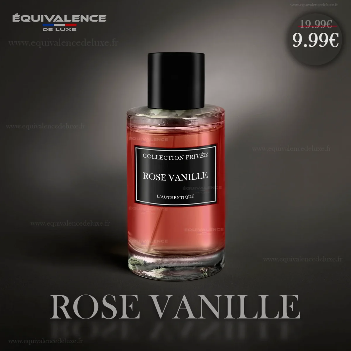 Flacon raffiné du Parfum Collection Privée Rose Vanille 50ml, mêlant douceur florale et gourmandise vanillée.