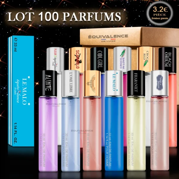 Image d’un lot de 100 parfums Équivalence 33ml, avec des flacons élégants et compacts. Dupes inspirés des grandes marques, parfaits pour la revente ou pour composer des coffrets cadeaux.