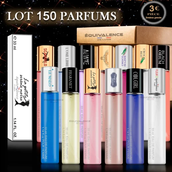 Image d’un lot de 150 parfums de poche 33ml Équivalence, avec des flacons compacts et élégants. Dupes inspirés des grandes marques, parfaits pour revendeurs et coffrets cadeaux en gros.