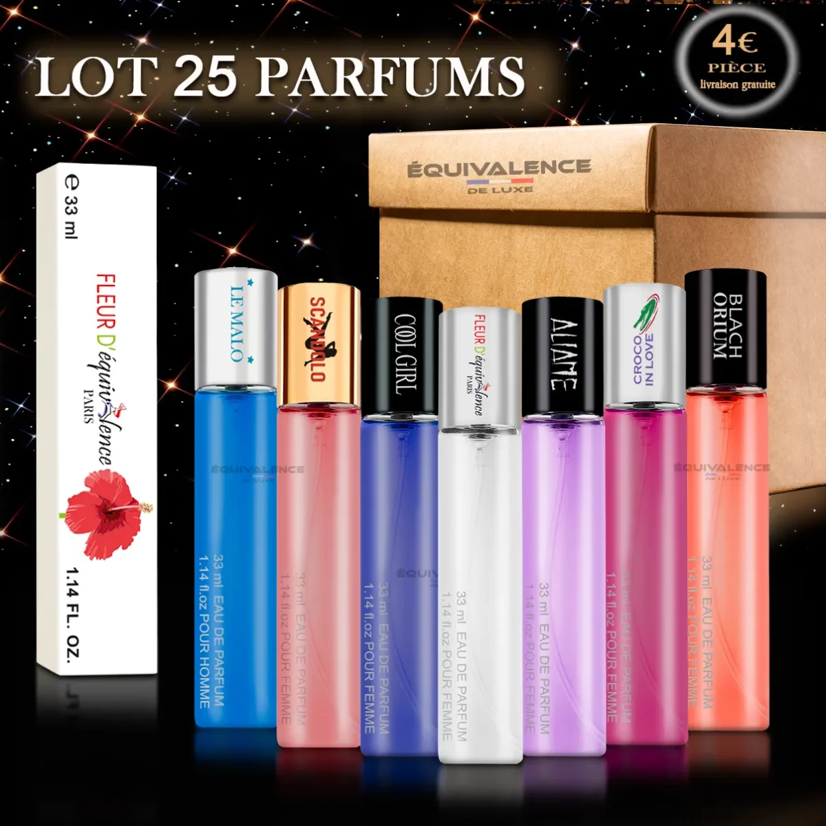 Image d’unlot dès 25 parfums de poche 33ml Équivalence, avec des flacons élégants et un design pratique. Des dupes inspirés des grandes marques, parfaits pour un usage quotidien ou des idées cadeaux.