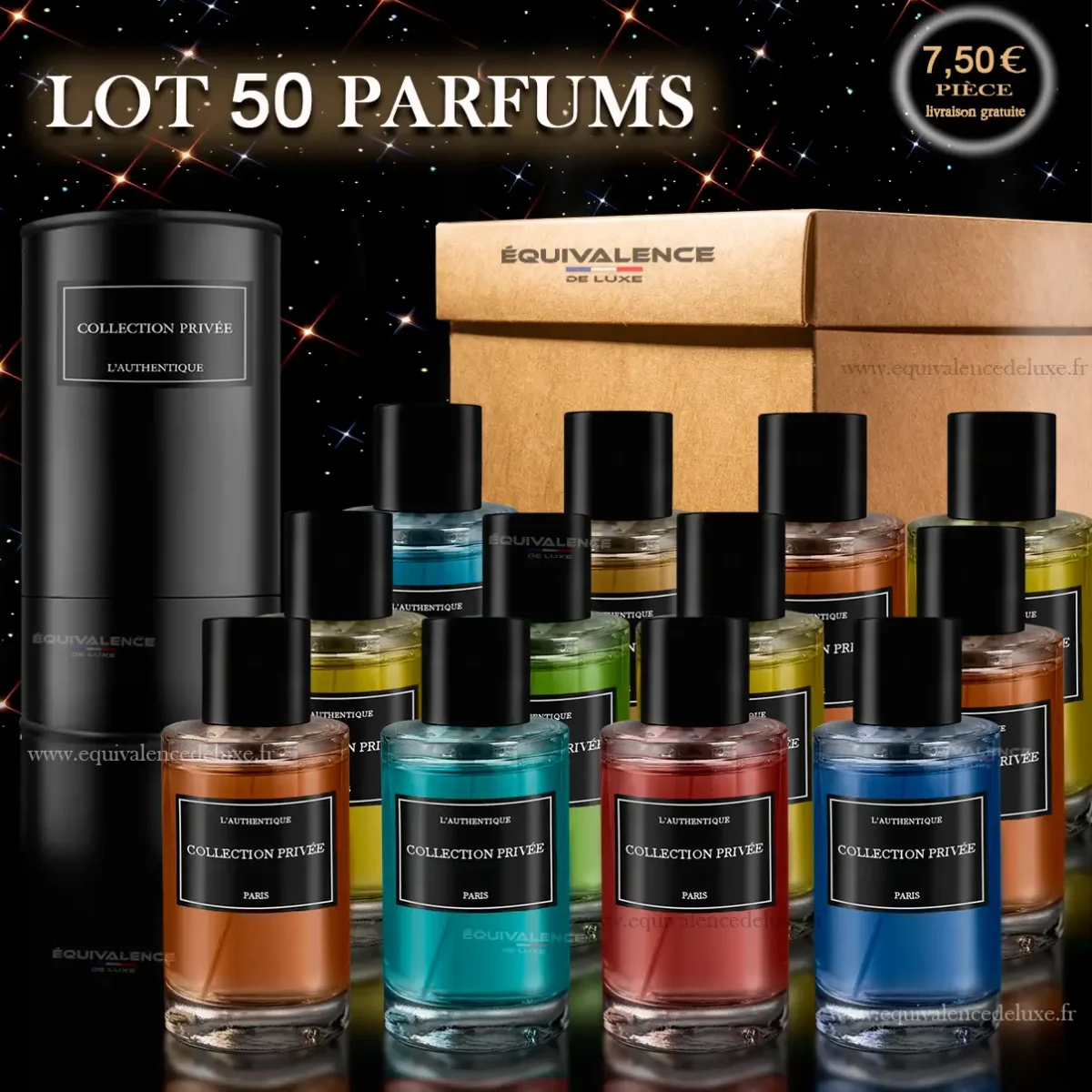 Image d’un lot de 50 parfums Collection Privée, avec des flacons élégants, un emballage raffiné et un carton d’expédition. Parfait pour les amateurs de luxe, les cadeaux prestigieux ou la revente en lot à prix attractif.