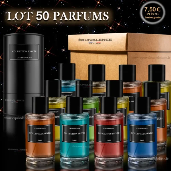 Image d’un lot de 50 parfums Collection Privée, avec des flacons élégants, un emballage raffiné et un carton d’expédition. Parfait pour les amateurs de luxe, les cadeaux prestigieux ou la revente en lot à prix attractif.