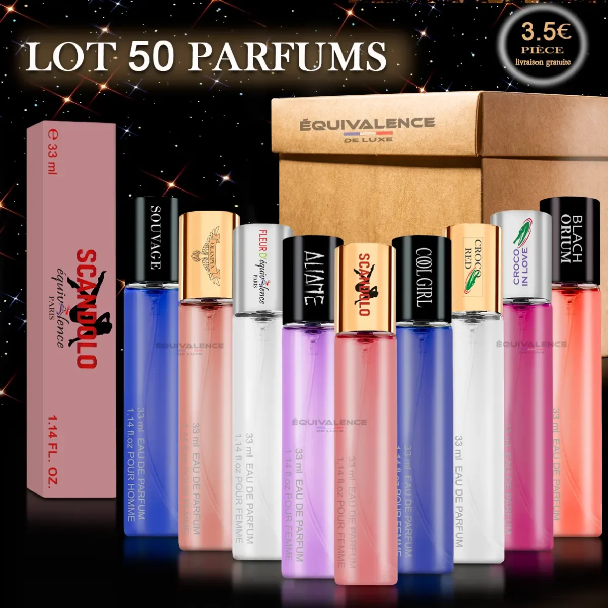 Image d’un lot de 50 parfums de poche 33ml Équivalence, avec des flacons élégants et compacts. Dupes inspirés des grandes marques, parfaits pour la revente ou comme idées cadeaux.