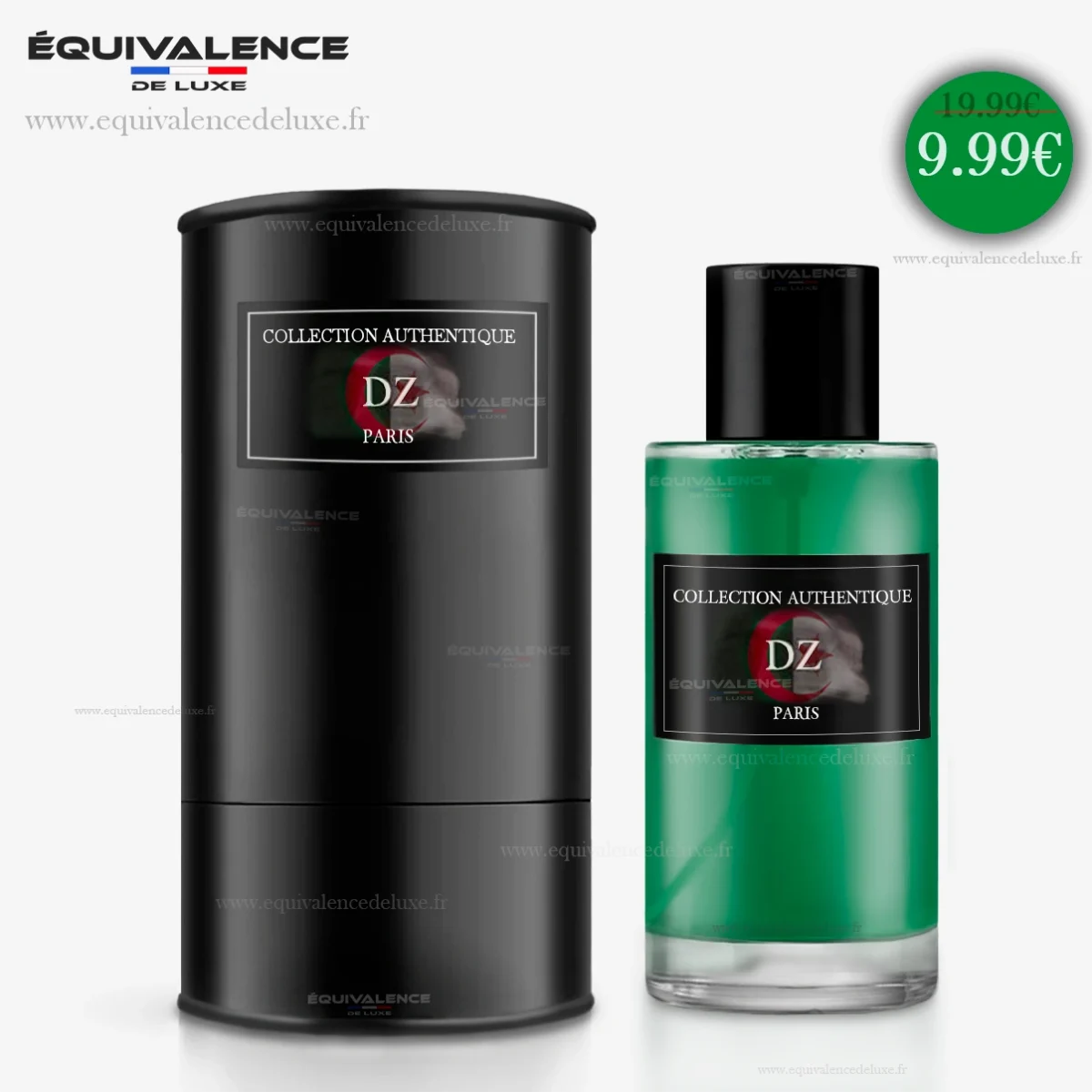 Flacon du Parfum DZ Collection Authentique pour Homme 50ml présenté avec sa boîte sobre et élégante, un symbole de raffinement à prix doux.