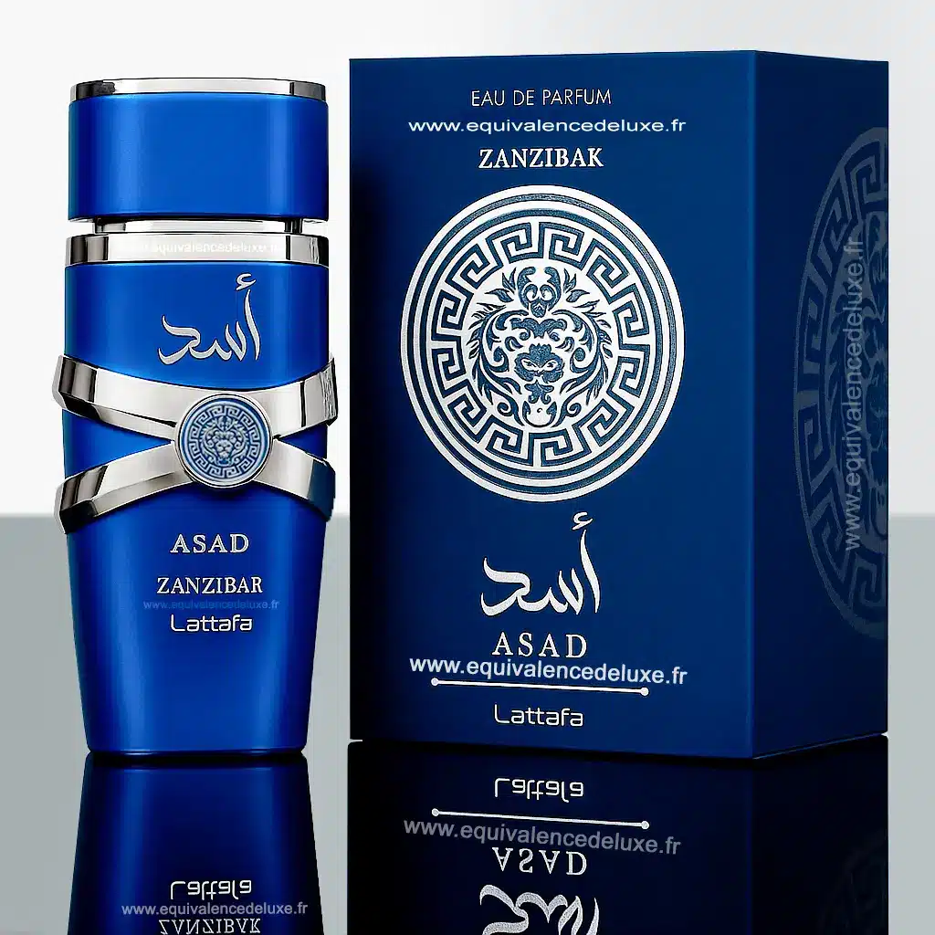 Asad Zanzibar Eau de Parfum Homme 100ml Lattafa 1 Flacon Asad Zanzibar Eau de Parfum Homme 100ml Lattafa – bouteille bleu profond aux accents argentés, posé sur une plage tropicale avec noix de coco et gousse de vanille.