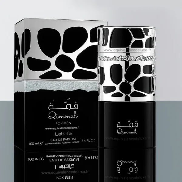 Packaging Qimmah for Men Lattafa 100 ml – boîte noir et argent luxe oriental