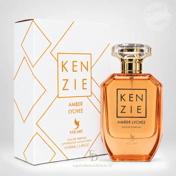 Flacon orange Kenzie Amber Lychee Volaré Eau de Parfum 100 ml avec boîte blanche à motifs orange