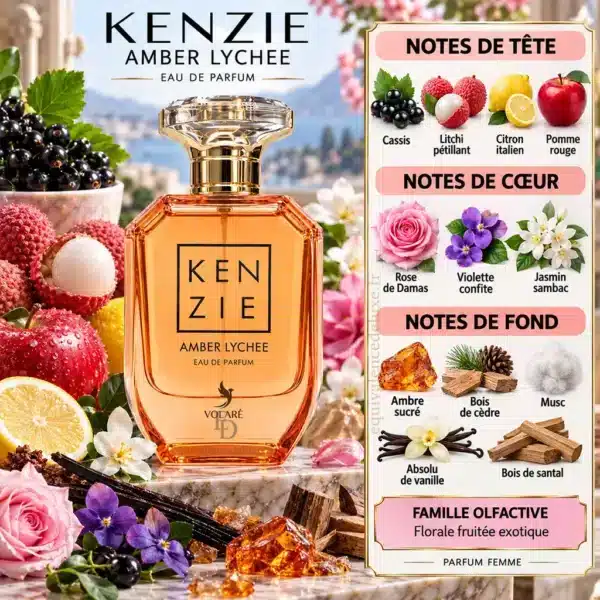 Kenzie Amber Lychee – Notes Olfactives et Famille Pyramide olfactive Kenzie Amber Lychee Volaré avec litchi, cassis, rose de Damas, violette, jasmin, ambre et vanille