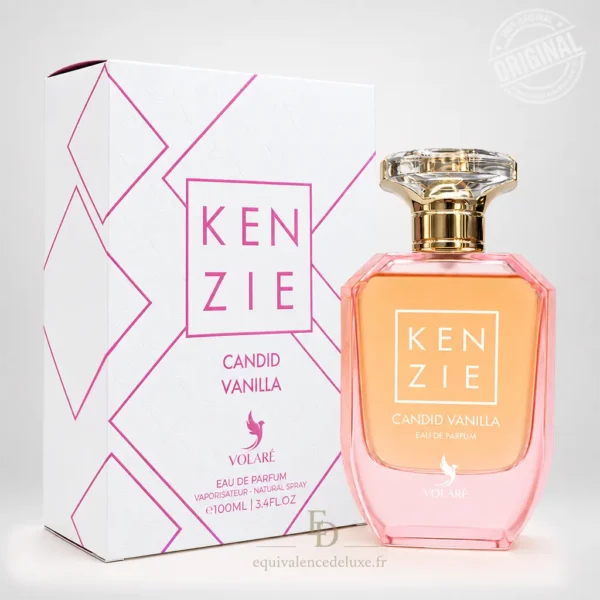 Flacon rose Kenzie Candid Vanilla Volaré 100 ml avec bouchon transparent doré et boîte blanche aux motifs roses