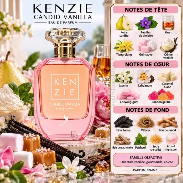 Kenzie Candid Vanilla – Notes Olfactives Notes olfactives Kenzie Candid Vanilla : poire confite, guimauve, vanille, caramel blanc, jasmin, fève tonka et bois de santal