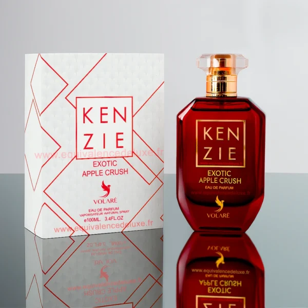 Flacon Kenzie Exotic Apple Crush 100ml femme – bouteille rouge profonde avec capuchon doré, posée devant sa boîte blanche aux motifs géométriques rouges.