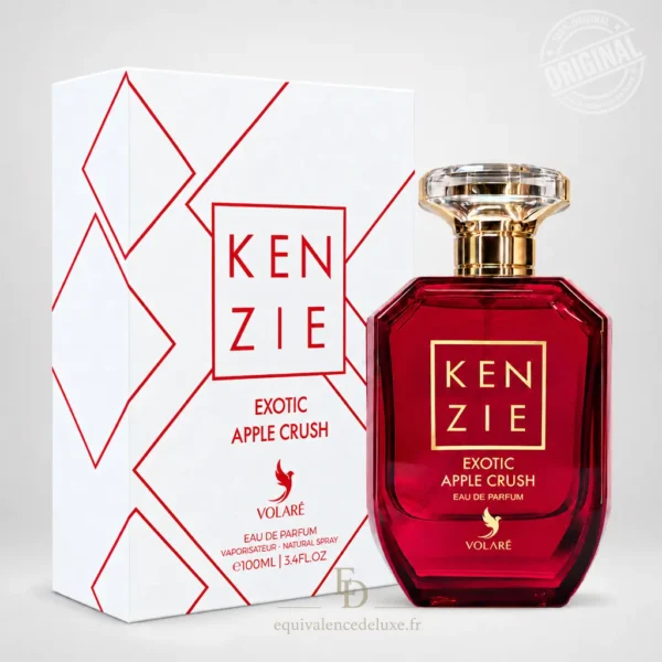 Flacon rouge rubis Kenzie Exotic Apple Crush Volaré Eau de Parfum 100 ml avec coffret blanc aux motifs rouges
