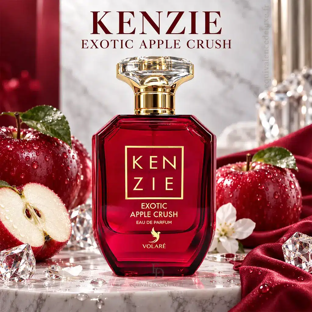 Kenzie Exotic Apple Crush – Volaré – Eau de Parfum Femme 100 ml 3 Flacon rouge Kenzie Exotic Apple Crush dans un décor luxueux avec pommes rouges, fleurs blanches, cristaux et tissu satiné
