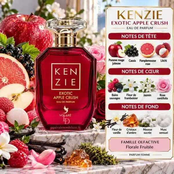 Kenzie Exotic Apple Crush – Notes Olfactives Pyramide olfactive Kenzie Exotic Apple Crush avec pomme rouge, cassis, pamplemousse rose, litchi, fleurs, vanille, ambre et musc