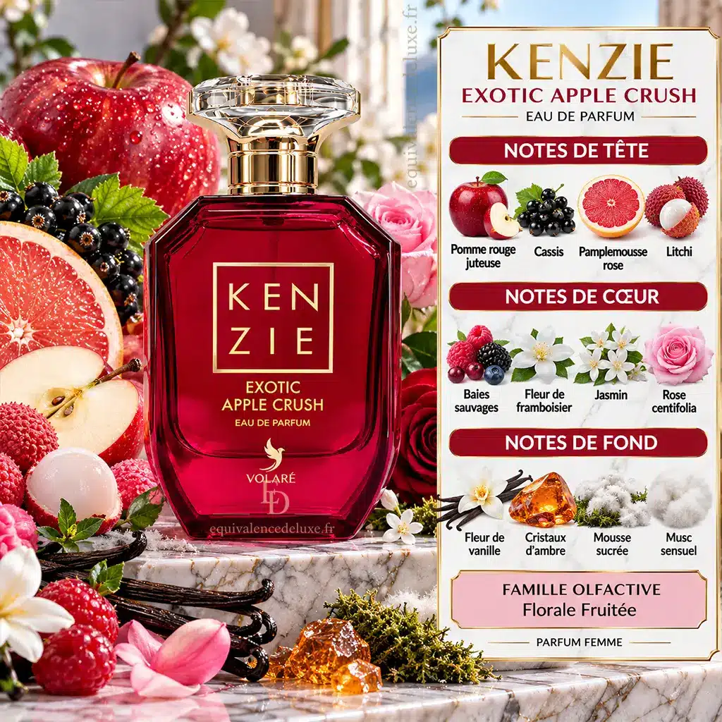 Kenzie Exotic Apple Crush – Volaré – Eau de Parfum Femme 100 ml 2 Pyramide olfactive Kenzie Exotic Apple Crush avec pomme rouge, cassis, pamplemousse rose, litchi, fleurs, vanille, ambre et musc
