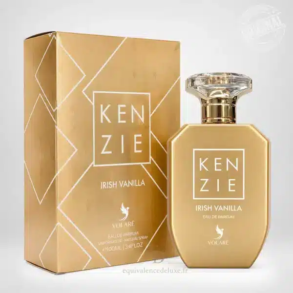 Flacon doré Kenzie Irish Vanilla Volaré Eau de Parfum 100 ml avec bouchon transparent facetté et coffret assorti