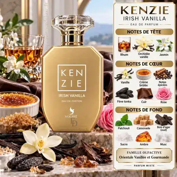 Kenzie Irish Vanilla Volaré – Notes Olfactives Pyramide olfactive Kenzie Irish Vanilla Volaré avec rhum, vanille, crème brûlée, fève tonka, cuir, rose, patchouli, oud, ambre et musc