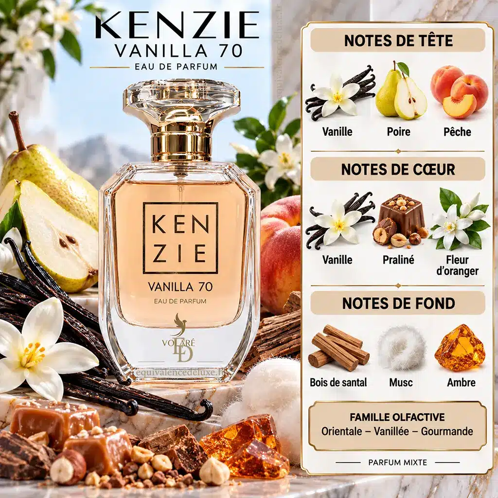 Kenzie Vanilla 70 – Volaré – Eau de Parfum Mixte 100 ml 2 Notes olfactives Kenzie Vanilla 70 avec vanille, poire, pêche, praliné, fleur d'oranger, bois de santal, musc et ambre