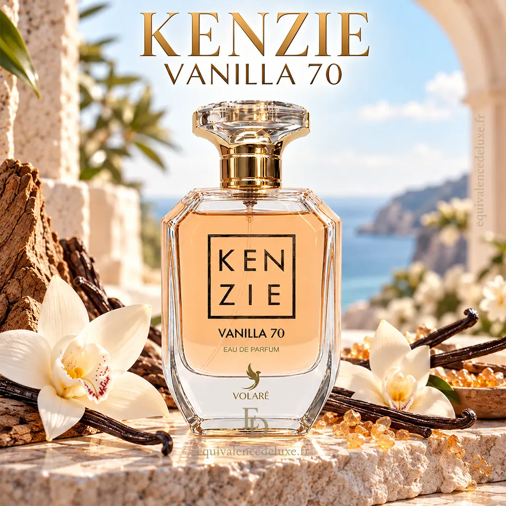 Kenzie Vanilla 70 – Volaré – Eau de Parfum Mixte 100 ml 3 Flacon Kenzie Vanilla 70 Volaré dans un décor luxueux avec fleurs de vanille, gousses et résines ambrées