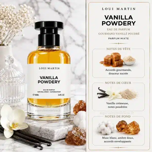 Notes Olfactives Vanilla Powdery Loui Martin Notes olfactives Vanilla Powdery Loui Martin avec noix de coco, héliotrope, vanille de Madagascar et musc blanc