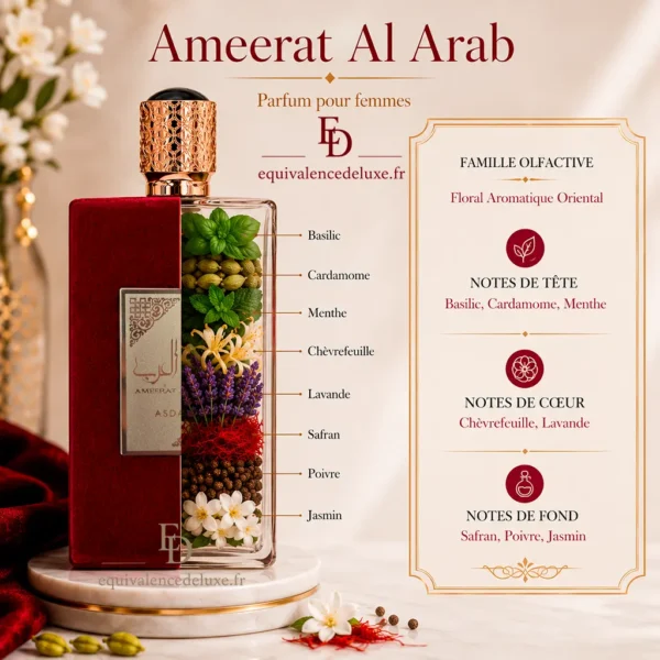 Notes olfactives Ameerat Al Arab Asdaaf Pyramide olfactive officielle du parfum Ameerat Al Arab Asdaaf avec basilic, cardamome, menthe, chèvrefeuille, lavande, safran, poivre et jasmin
