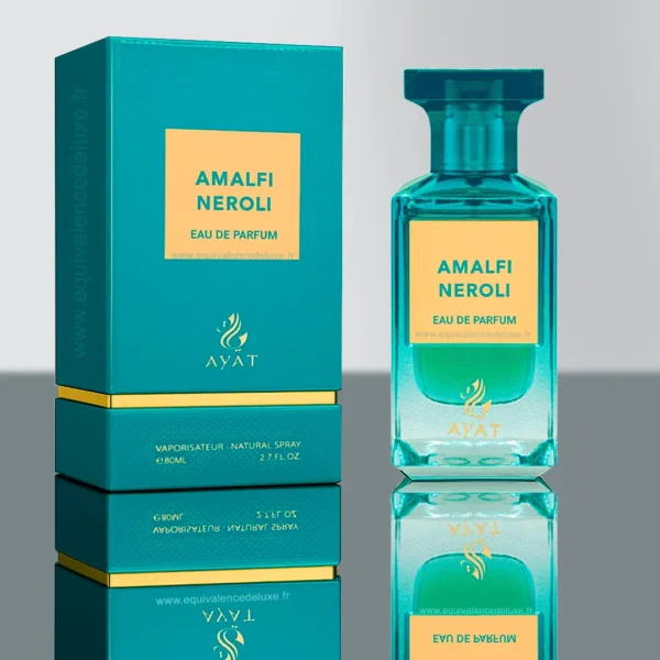 Flacon et coffret du parfum Amalfi Neroli 80ml – Ayat Perfumes, senteur fraîche et florale
