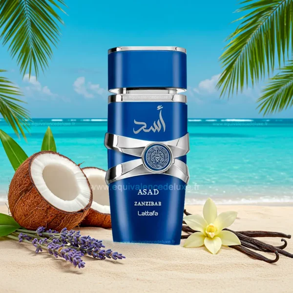 Flacon Asad Zanzibar Lattafa 100 ml à côté de sa boîte bleu marine – design moderne et masculin.