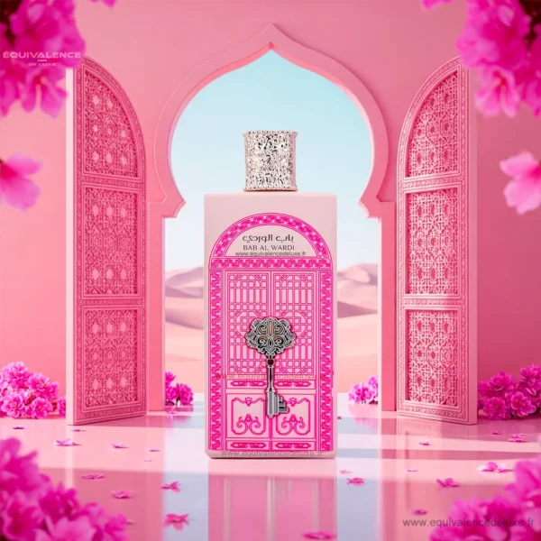 Flacon Bab Al Wardi 100 ml dans décor oriental rose – archways, pétales de rose, ambiance élégante et romantique.