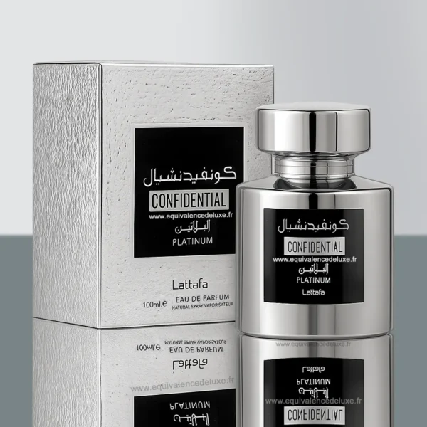 Flacon Lattafa parfum Confidential Platinum pour homme 100 ml – bouteille chrome réfléchissante, capuchon massif argenté, posé devant sa boîte argentée.