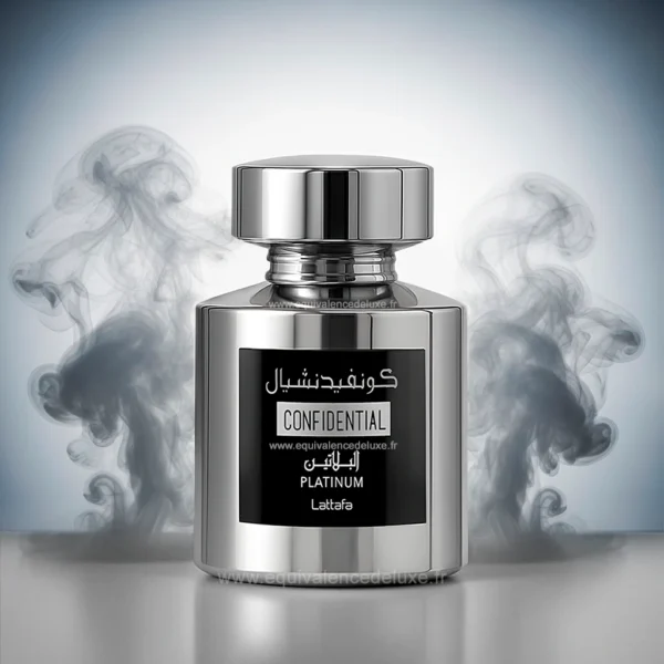 Flacon Confidential Platinum 100 ml entouré de volutes de fumée grise – ambiance mystérieuse et masculine