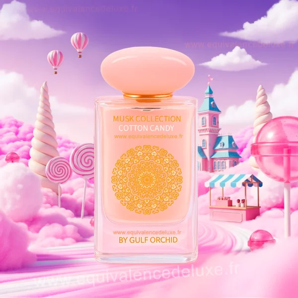 Flacon de musk Cotton Candy de la collection gulf orchid 60 ml placé dans un décor féerique rose : nuages de barbe à papa, bonbons et carrousel.