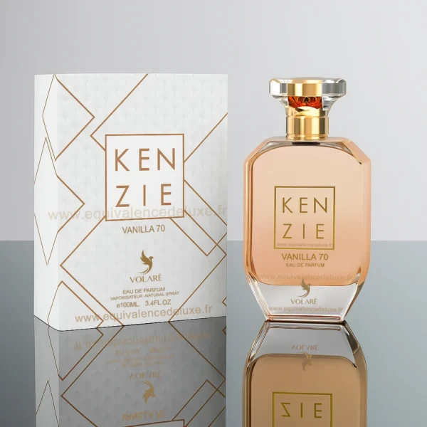Flacon parfum Kenzie Vanilla 70 100 ml – flacon transparent aux reflets caramel, capuchon doré, posé devant un fond chaleureux avec des gousses de vanille et carrés de caramel.