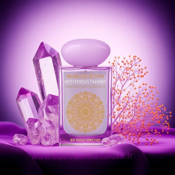 Flacon Mysterious Tahara 60 ml de Gulf Orchid avec boîte blanche ornementale dorée – style minimaliste et élégant.