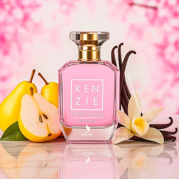 Flacon Kenzie Candid Vanilla 100 ml devant sa boîte blanche motif rose – flacon élégant et féminin.