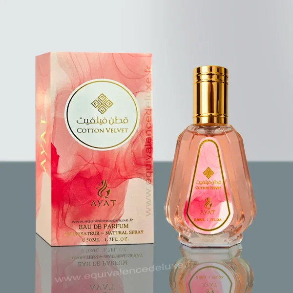 Flacon Cotton Velvet AYAT 50 ml – Parfum Dubai femme gourmand aux notes florales et sucrées