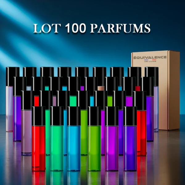 Image d’un lot de 100 parfums Équivalence 33ml, avec des flacons élégants et compacts. Dupes inspirés des grandes marques, parfaits pour la revente ou pour composer des coffrets cadeaux.